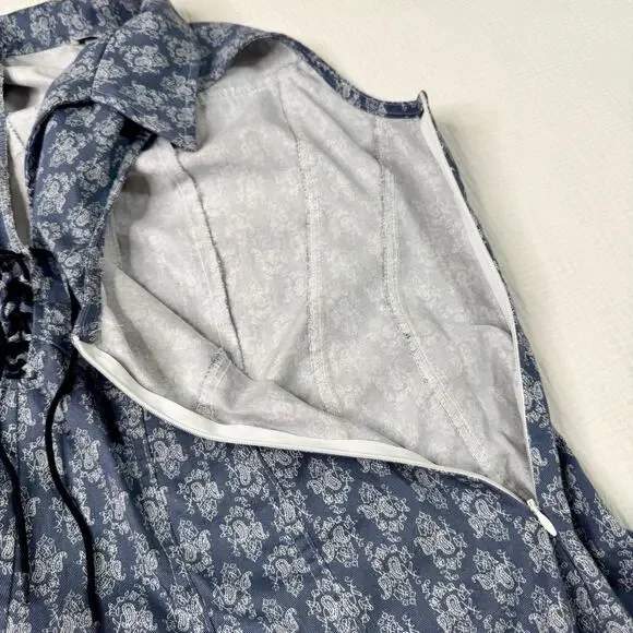 VTG Paisley Farmhouse Dress Blue White Women's 8 Prairie Cottagecore Country 90s - Picture 12 of 16